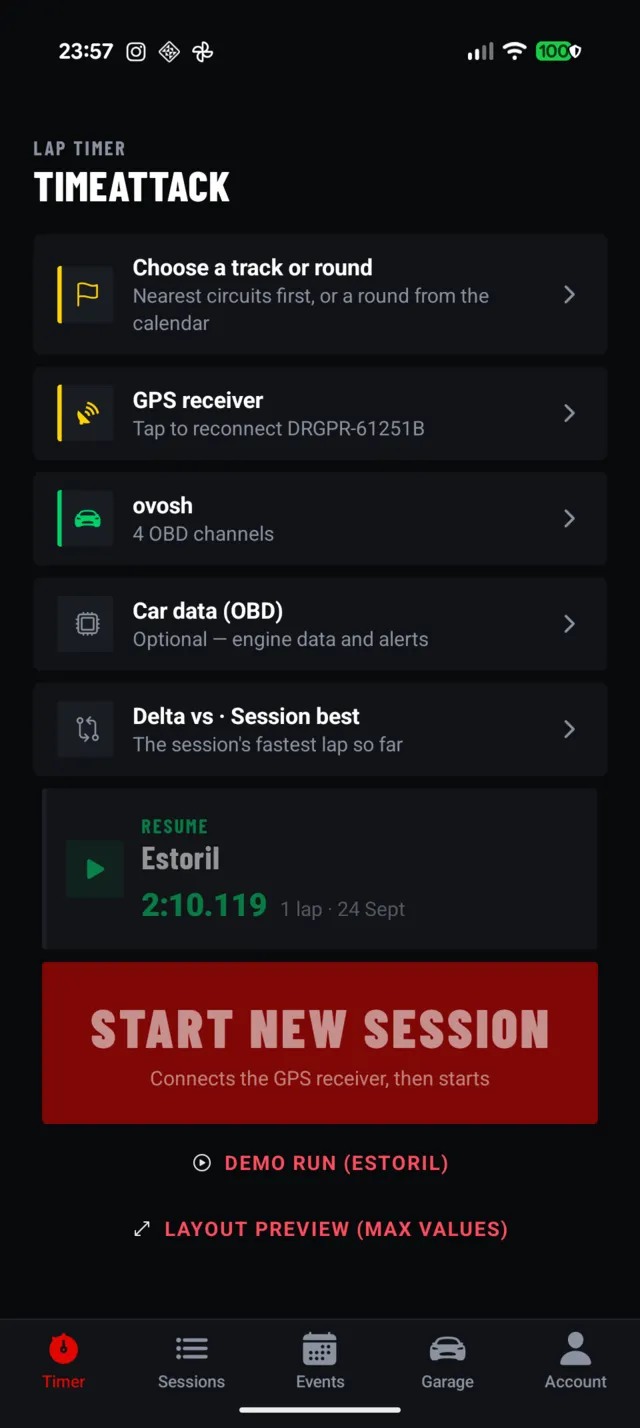 Timer home: choose a track, GPS receiver, car, delta reference, resume Estoril, start a new session
