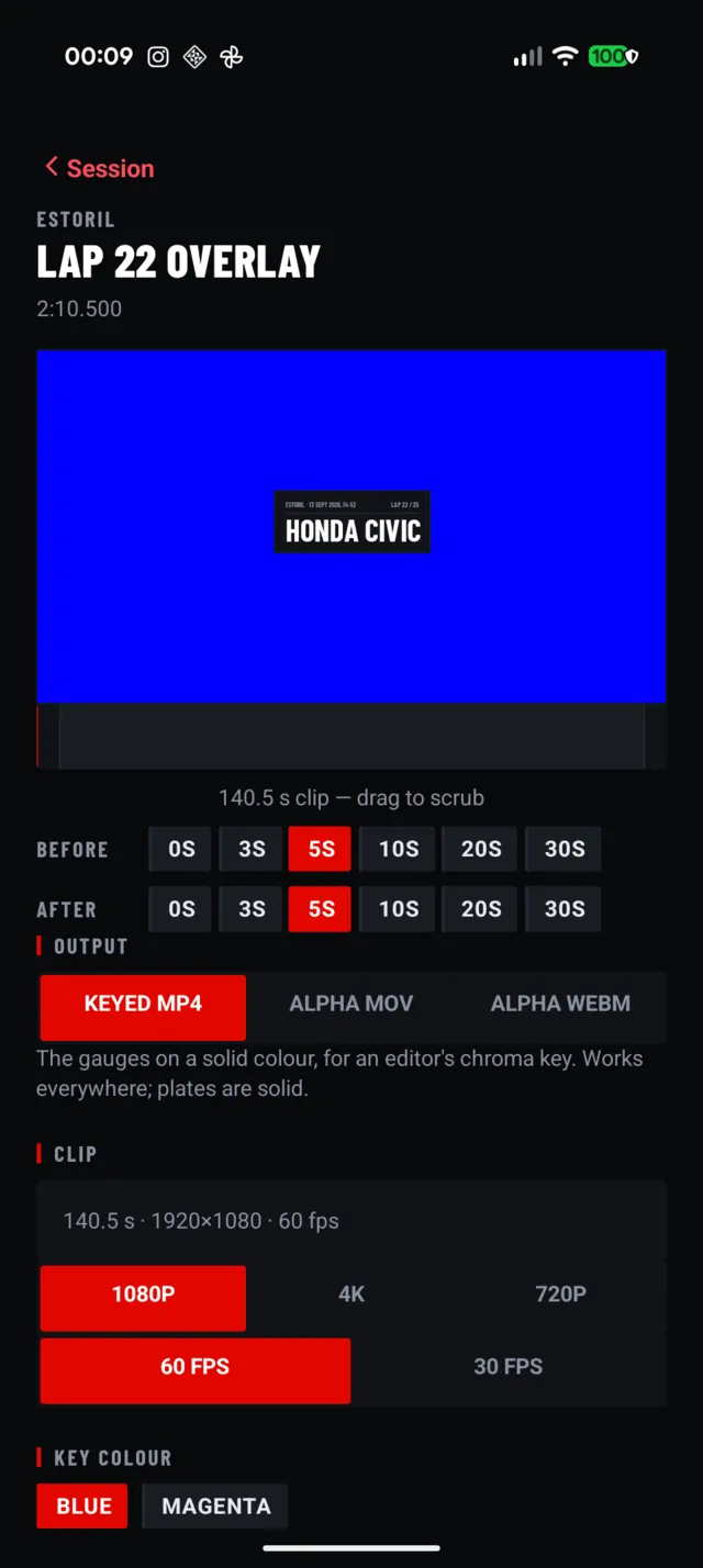 Lap 22 overlay export settings: keyed MP4, alpha MOV or alpha WebM, 1080p, 4K or 720p, 60 or 30 fps