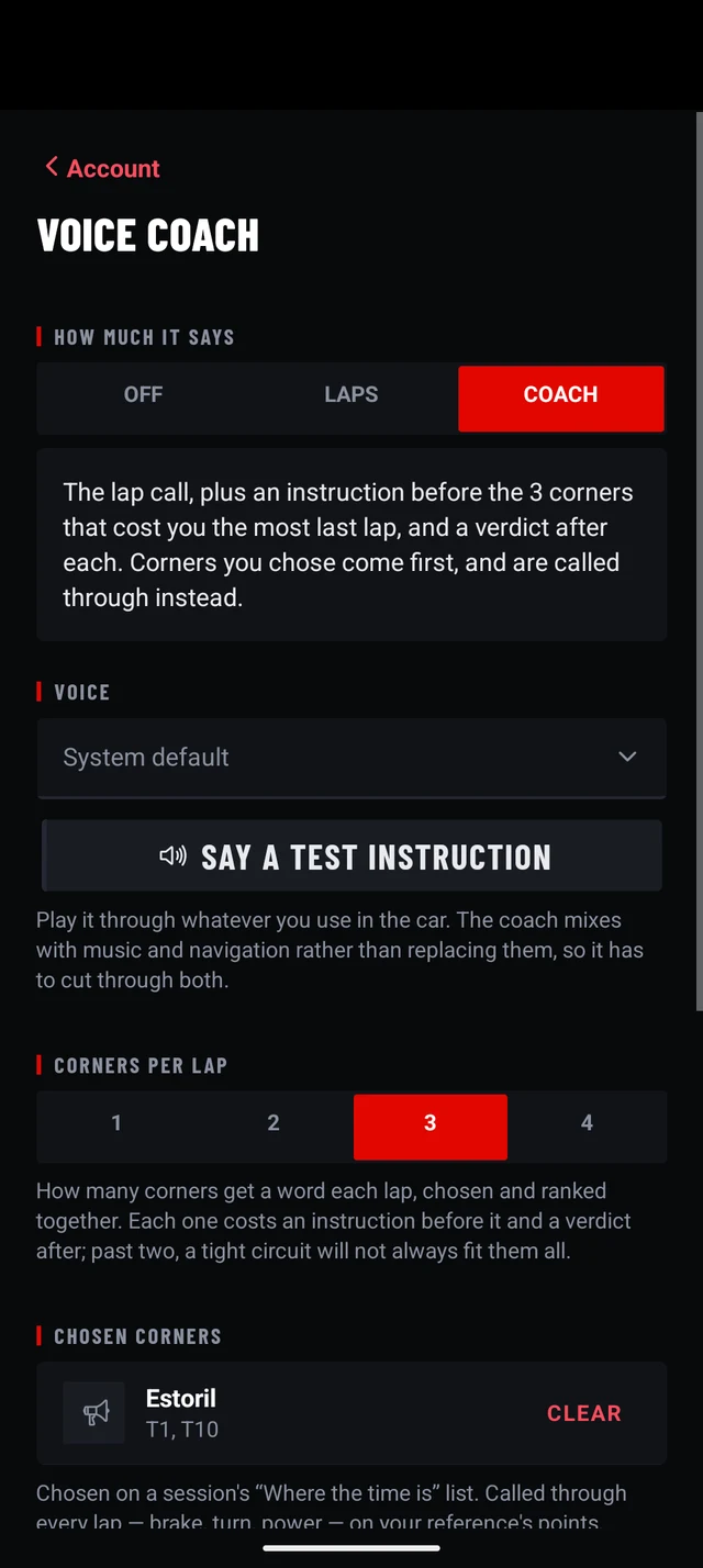Voice coach settings: Off, Laps or Coach, the voice, corners per lap from one to four, and the corners chosen at Estoril with a Clear button